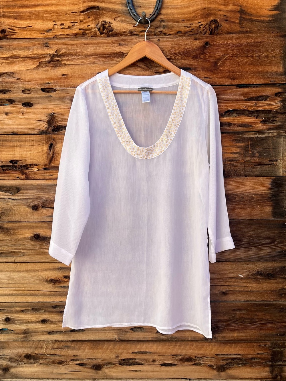 TOMMY BAHAMA | Lightweight White Tunic Top with Embellished Scoop Neck L